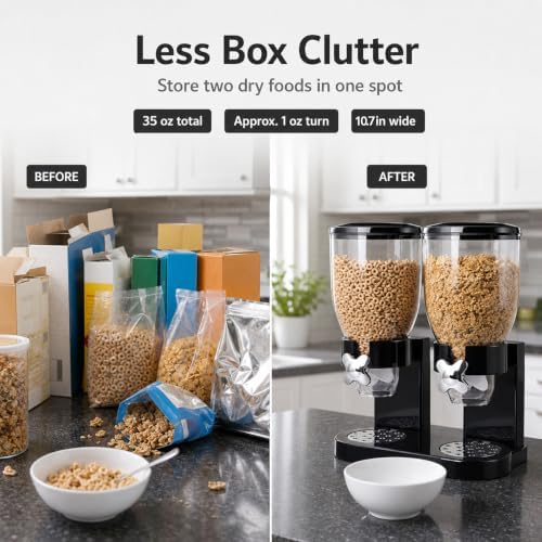 QWORK Double Dry Food Dispenser, 17.5Oz Capacity Each, Dry Cereal Grain Dispenser, Keeps Ingredients Fresh