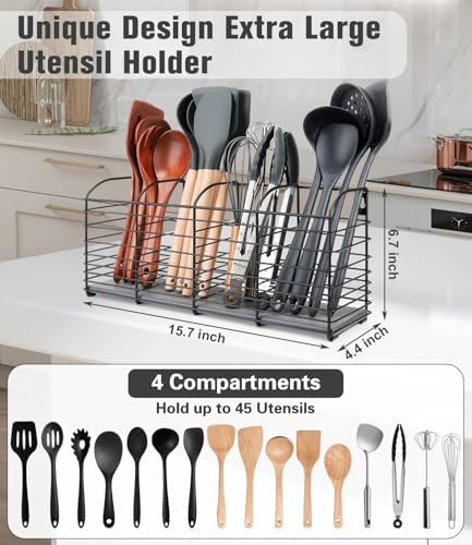 Large Kitchen Utensil Holder 4-Compartment with Diatomaceous Earth Base