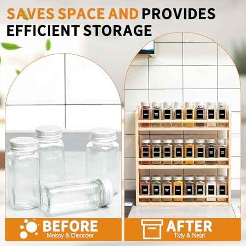 Domensi 3 Tier Bamboo Spice Rack Organizer with 24 Spice Glass Jars