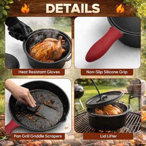 Geetery 15 Pcs Pre-seasoned Cast Iron Cookware Set, Dutch Oven Camping