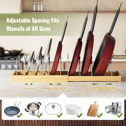 Tomorotec Bamboo Pot Lid Holder with Adjustable Stainless Steel