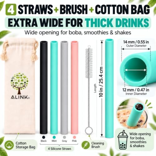 ALINK Extra Wide Silicone Boba Straws, 10 Inch, 4 Pack with Brush &