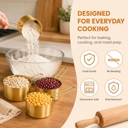 Gold Measuring Cups and Spoons Set, 8 Piece Stainless Steel Measuring
