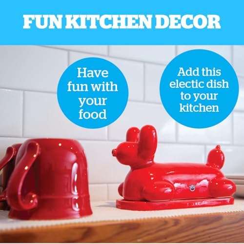 Red Balloon Dog Butter Dish, Ceramic Butter Stick-Shaped Lid, Holds 1