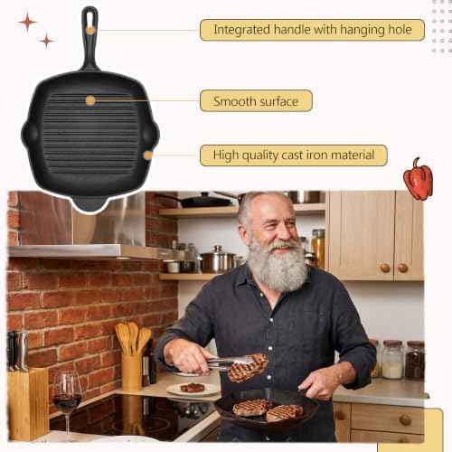 12 Inch Cast Iron Square Grill Pan, Seasoned Flat Skillets with Ring Handle, Cast Iron Square Grill Pan for Stove Top, Stylishly Designed & Heat Resistant for Kitchen Cooking