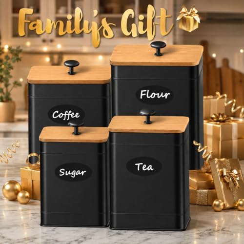 Kitchen Canister Set of 4, Airtight Metal Flour Sugar Containers Black