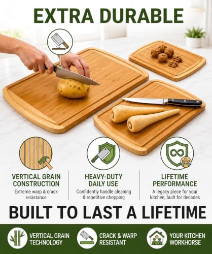 INDESTRUCTIBLE Extra Large Bamboo Cutting Board Set of 3 with Vertical