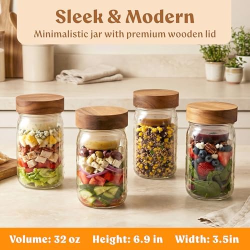 EDELHAUS Glass Salad Jars with Acacia Lids, 4 Pack