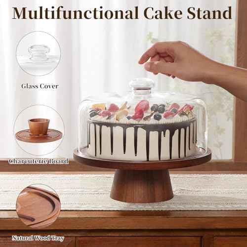 VIVIRBIEN 11in Acacia Wood Cake Stand with Glass Dome&Magnetic