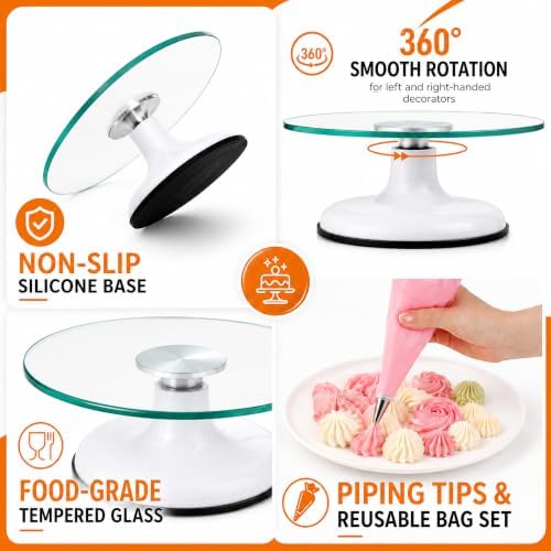 12" Glass Cake Turntable with 6 Icing Piping Tips, 1 Piping Bag