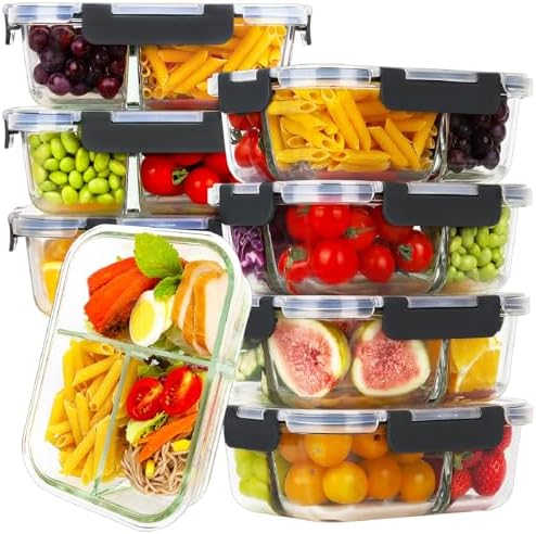 8 Pack 36oz Glass 3-Compartment Meal Prep Containers with Lids