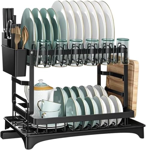 2-Tier Stainless Steel Dish Drying Rack, Black