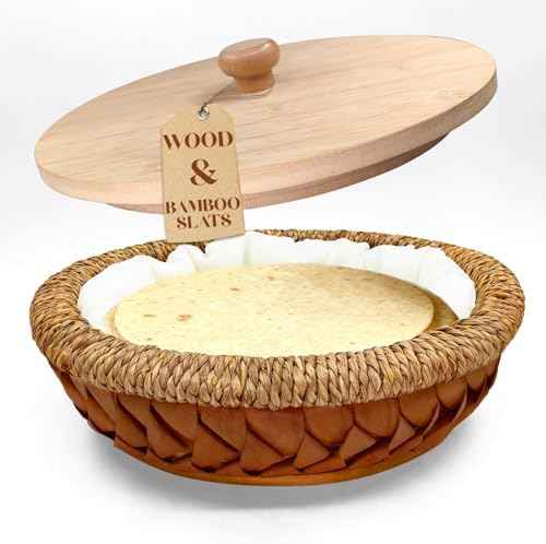 Rattan Weaving Tortilla Warmer Basket with Wooden Cover, 9.6" x 3.15"