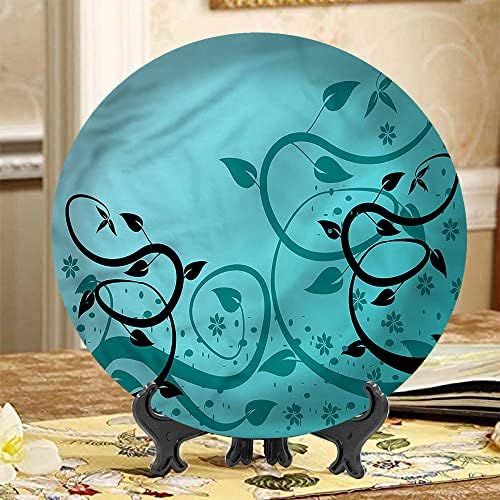 XISUNYA 8 Inch Teal Ceramic Decorative Plate,Winding Tendrils Leaves