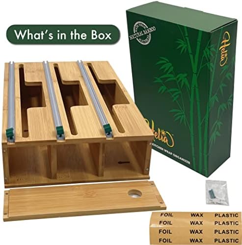 HELIA Bamboo Kitchen Wrap Organizer | Wall Mounting Solid Bamboo Foil and Plastic Wrap Dispenser with Sliding Cutters | Aluminum Foil and Plastic Wrap Dispenser with Cutter