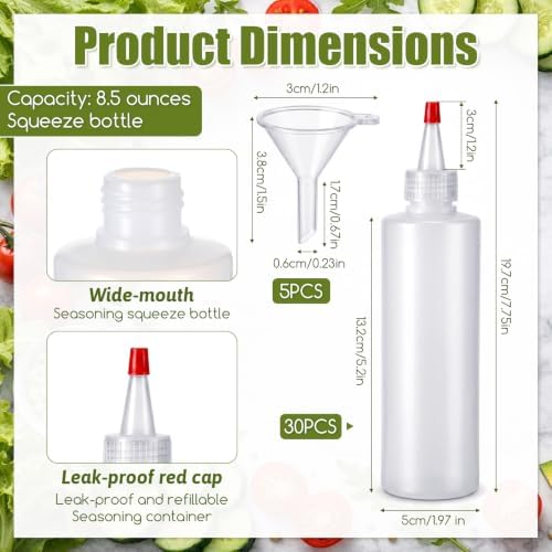 30 Pcs 8.5 oz Clear Plastic Squeeze Condiment Bottles with Red Tip