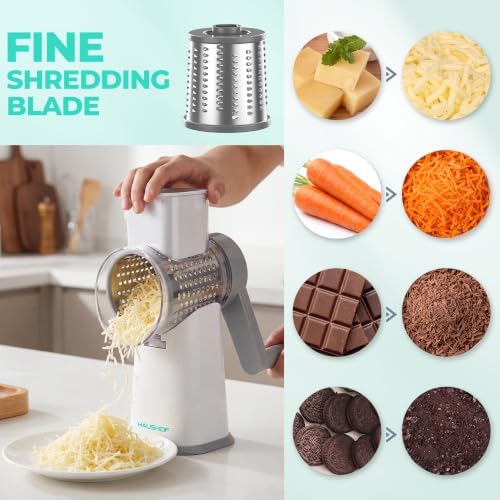 HAUSHOF Rotary Cheese Grater, Hand Crank, 3-Blade