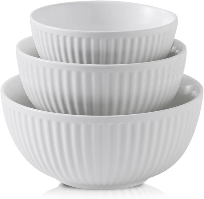 HASENSE Ceramic Ribbed Nesting White Bowls 1.5/1/0.5 Qt by Hasense