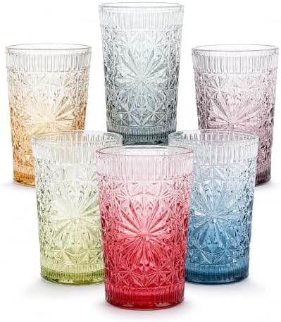 Drinking Glass Set of 6, 13oz Colored Glass Cup Glassware Set