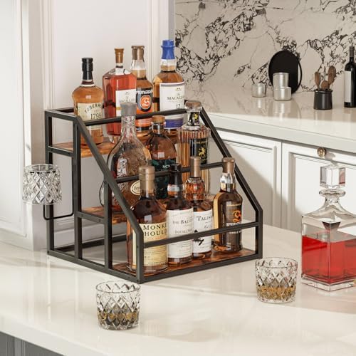 Coffee Syrup Rack Organizer, 3-Tier, 12-Bottle Stand, Rustic Brown