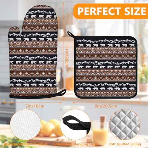 Bear Mountain Oven Mitts and Vintage Rustic Pot Holders Sets 4Pcs,Heat