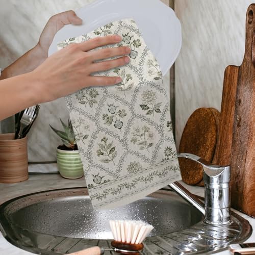 Boho Botanical Floral Kitchen Towels, Farmhouse Cottagecore Dish Tea