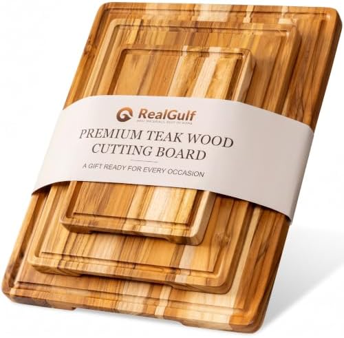3-Piece Teak Cutting Board Set with Stand, Chopping Board, Juice