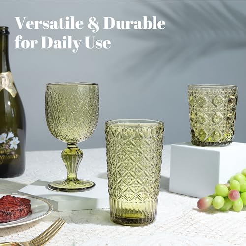 Joeyan Green Vintage Drinking Glasses,Embossed Highball Water Glass