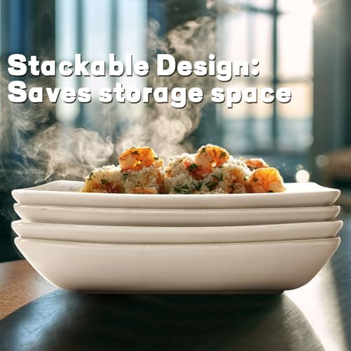 Artena Salad Plates Set of 4, 9.85" Embossed Ceramic Rectangular Appetizer Plates, Deep Lipped Edges, Microwave & Dishwasher Safe, Dessert Sushi Pasta Serving Plates (White, Multiple Patterns)