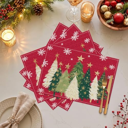 Bloss Christmas Placemats Set of 4, 12x18 Inch Xmas Trees Snowflakes