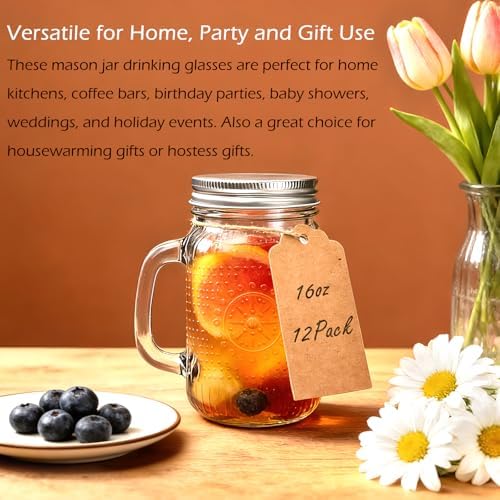 Mason Jar Cups with Handle 16 oz, Vintage Glass Cups with Lids and