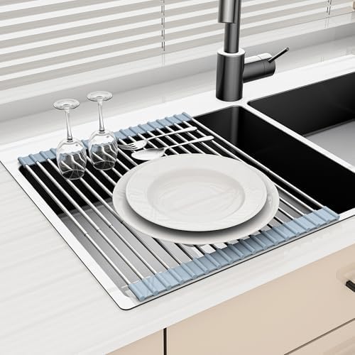 20.27 x 13.19 Inch Roll Up Dish Drying Rack, Expandable Over Sink Drying Rack 304 Stainless Steel Drainer for Counter Kitchen Home RV Essentials Foldable Over Sink Drying Rack, Grey