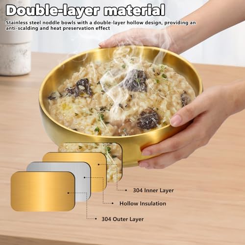 2Pcs 9" Gold 304 Stainless Steel Soup Bowl, 43Oz Deep Mixing Bowl