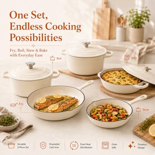 Hisencn Enameled Cast Iron Cookware Set, 8 Piece of Casserole, Dutch Ovens, Skillet and 3 Lids, Ceramic Coated Cast Iron Dutch Oven Set, Gas/Induction Compatible, PFA Free, with Pan Rack