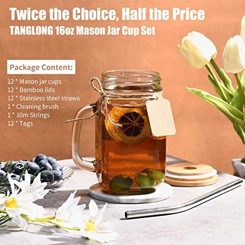 TANGLONG 16 oz Mason Jars with Handle, Mason Jar Cups, 12Pack