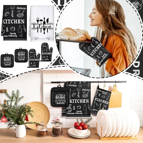Leinuosen 6 Pcs Farmhouse Kitchen Towel Set with Oven Mitt, Black and