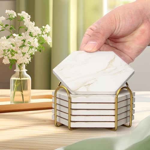 6 Pcs White Marble Coasters Set with Holder Hexagon Ceramic Drink