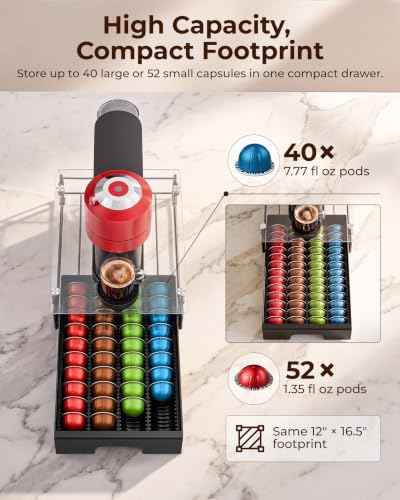 EVERIE Nespresso Vertuo Pod Holder Drawer, Coffee Pod Organizer with Universal Slots, Holds 40 Large or 52 Small Capsules, Tempered Glass Top Storage Drawer for Coffee Makers, 12" x 16.5" x 3.5"