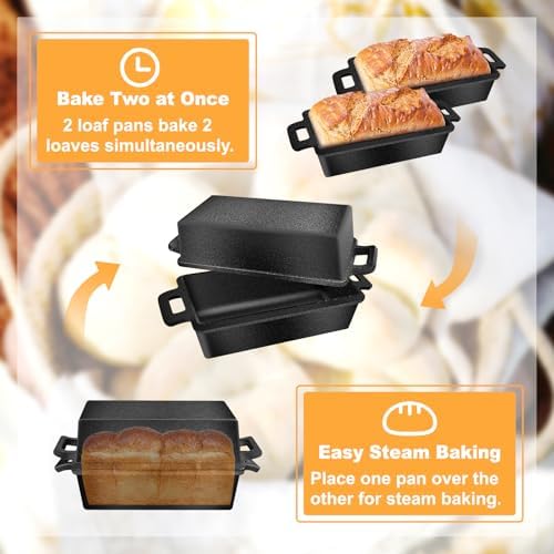 MSJGA 9×5 Inch Cast Iron Loaf Pans with Lid for Bread Baking, 2 In 1