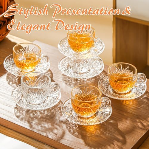 Atarvana 6 Pack Glass Tea Cups and Saucers Set with Spoons, Glazeal