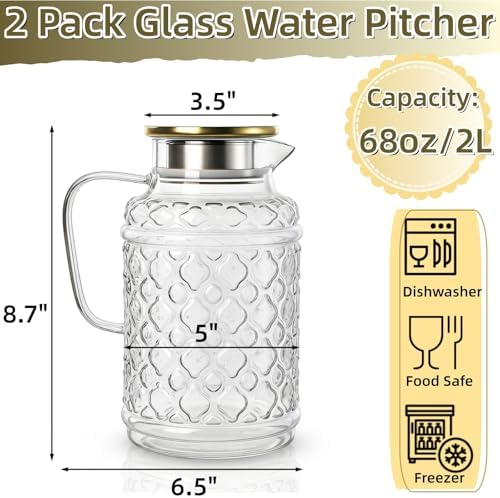 AVLA 2 Pack 2 Liter Glass Pitcher with Lid and Handle, Large