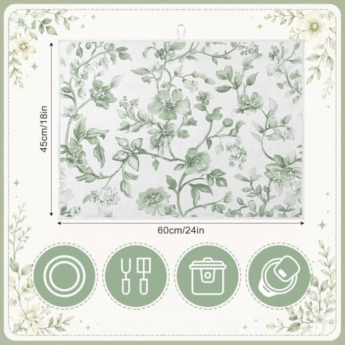 Domensi 2 Pack Gingham Sage Green Dish Drying Mat Floral Microfiber