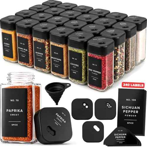 EDELHAUS Glass Square Spice Jars with Label, 24x Black Sprinkle Lids