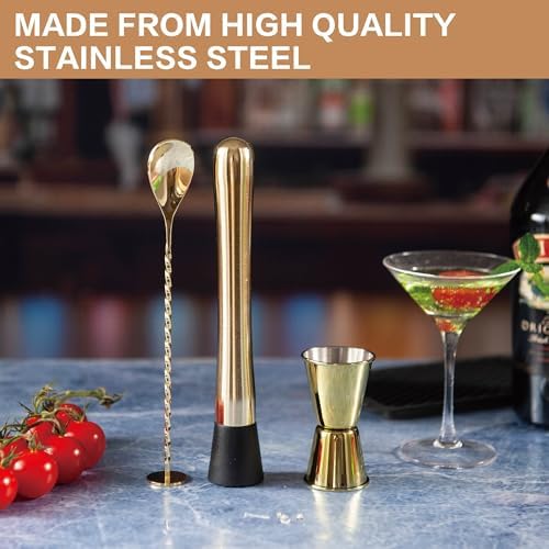 JNWINOG 3-Pcs Gold Muddler & Mixing Tools Set, 10" Muddler, 12"
