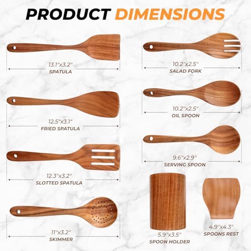 AIUHI Teak Wood Cooking Utensils Set, 9 Pieces Non-Toxic Wooden