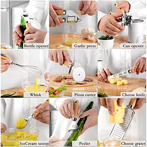 9pcs Kitchen Gadget Set with Wooden Handle, Stainless Steel Cooking