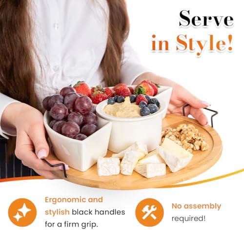 Chip and Dip Serving Set | Rotating Bamboo Lazy Susan Appetizer Tray with Black Handles | White Ceramic Bowls with Bamboo Lids | Divided Round Party Platter | Giftable
