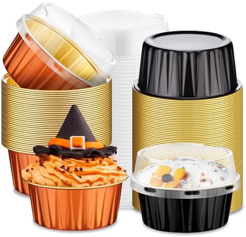 100 Pcs Baking Cups with Lids 5 Oz Foil,Black, Orange