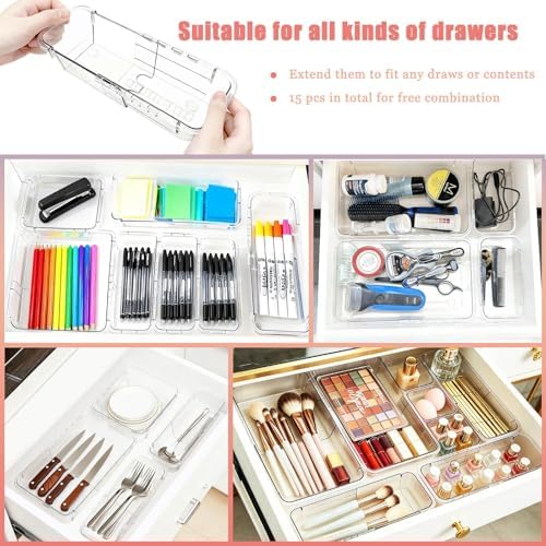 15 Pcs Clear Expandable Drawer Organizer Tray Adjustable Drawer
