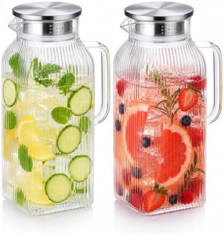 2 Pack Glass Pitcher with Lid, 68 oz Each, Square Striped Glass Water